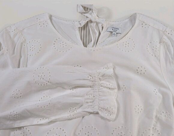 crown & ivy Tops - Crown & Ivy Blouse Women's PL White Eyelet Ruffle Long Sleeve Pull On Top